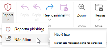 Pode utilizar o botão Relatório > Não Lixo para restaurar uma mensagem a partir da pasta Email de Lixo e, em seguida, pedir ao Outlook para parar de enviar mensagens desse remetente para a pasta Email de Lixo.