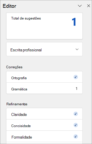 Captura de ecrã do painel Editor no Outlook