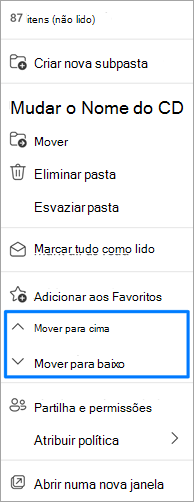 Captura de ecrã a mostrar a opção mover pastas