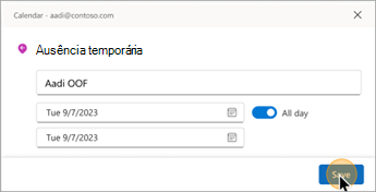 Captura de ecrã a mostrar o título e a data no cartão Fora do Escritório