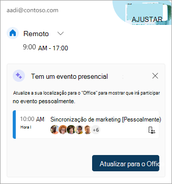 Captura de ecrã a mostrar a atualização da sua localização de trabalho