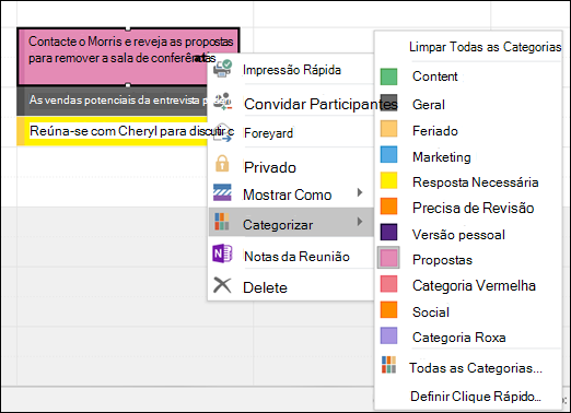 Pode clicar com o botão direito do rato num compromisso e atribuir uma categoria.