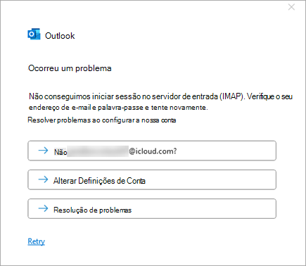 Captura de ecrã da mensagem de erro Algo correu mal ao adicionar uma conta do iCloud