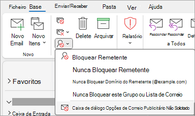Captura de ecrã a mostrar a lista pendente Bloquear Remetente com Opções de E-mail de Lixo selecionadas