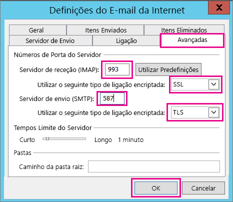 Introduza as definições de e-mail avançadas.