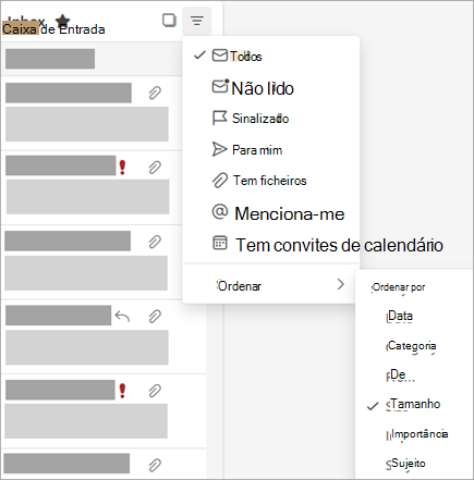 Captura de ecrã do menu Filtrar com Ordenar por selecionado