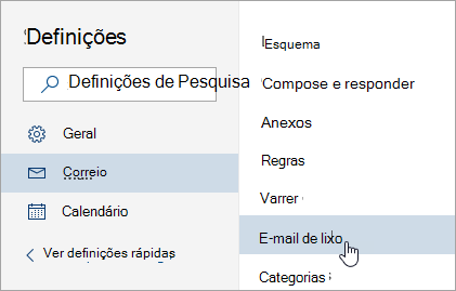 Captura de ecrã do menu Definições com o e-mail do Lixo selecionado