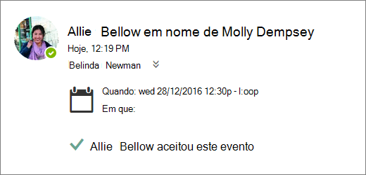 Uma captura de ecrã de um convite de reunião aceite por um delegado.