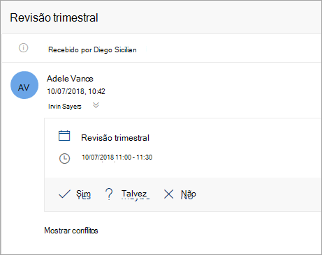 Uma captura de ecrã de um convite de reunião enviado para um delegado