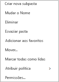 Menu de contexto ou atalho que é apresentado quando clica com o botão direito do rato numa pasta pessoal