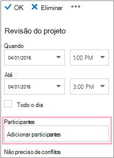 Painel de detalhes a mostrar a caixa Participantes para utilizar com o Assistente de Agendamento