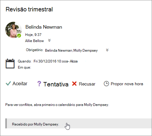Uma captura de ecrã de um convite de reunião enviado para um calendário partilhado.