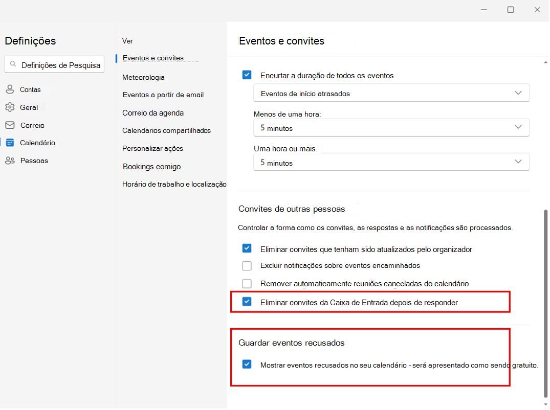 Captura de ecrã a mostrar a preservação de reuniões recusadas no calendário