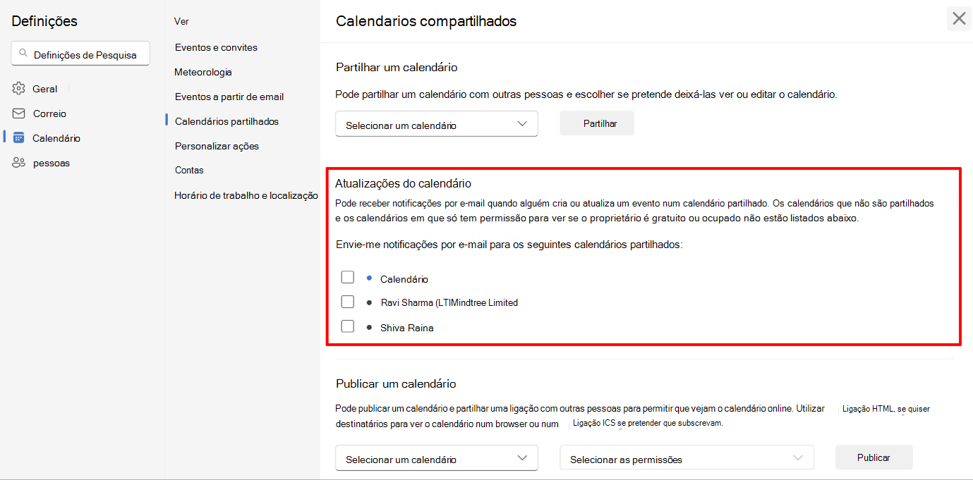 Captura de ecrã a mostrar os utilizadores a optarem por notificações de calendário