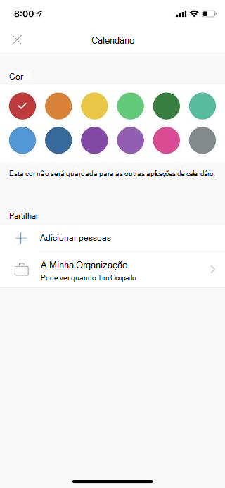Mostra um calendário num ecrã móvel. Na secção Partilhar, existe uma ligação que diz Adicionar People.
