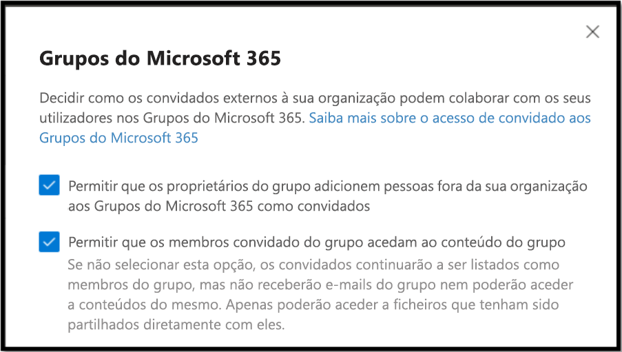decidir como os convidados de fora da sua organização podem colaborar com os seus utilizadores nos grupos do Microsoft 365