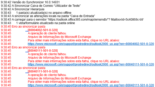 Lista de erros no registo do Outlook