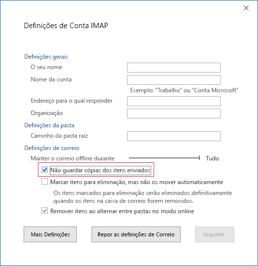 Definições da Conta IMAP, Não guardar cópias de Itens Enviados