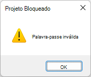 Captura de ecrã do erro Palavra-passe inválida