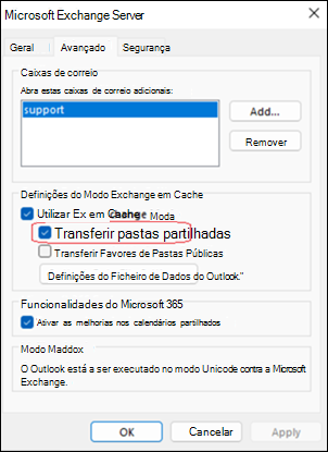 Exemplo de transferência de pastas partilhadas do Outlook