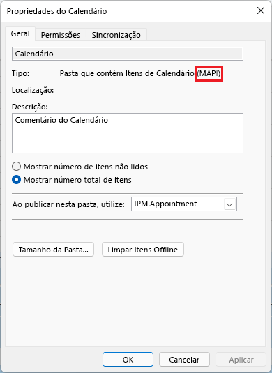 A imagem apresenta a janela de propriedades da reunião do Outlook com m a p i dentro de um círculo a vermelho.