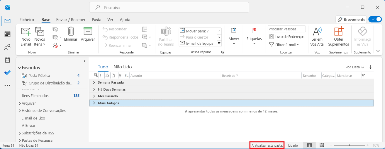 Caixa de correio partilhada do Outlook com a mensagem 