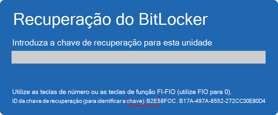 Captura de ecrã do ecrã de recuperação BitLocker a realçar o ID da chave.