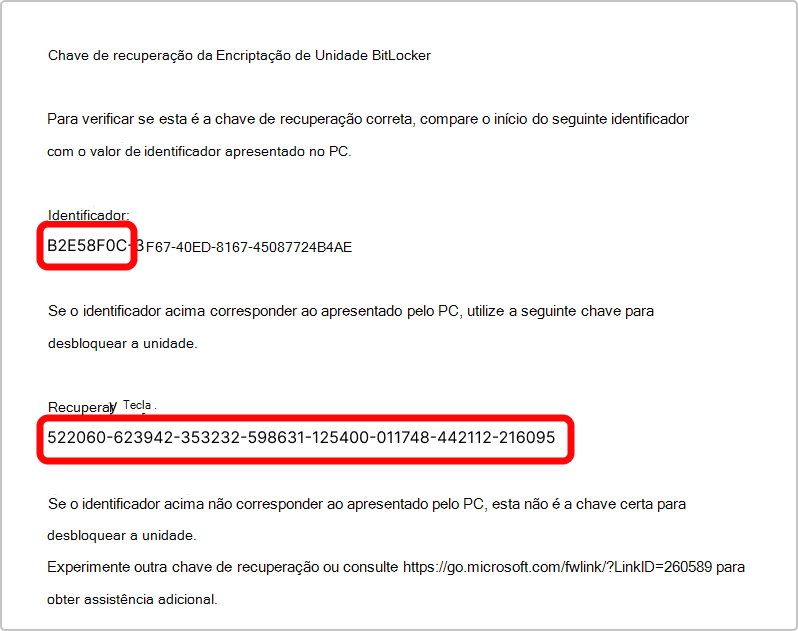 Captura de ecrã a mostrar a impressão da chave de recuperação BitLocker.
