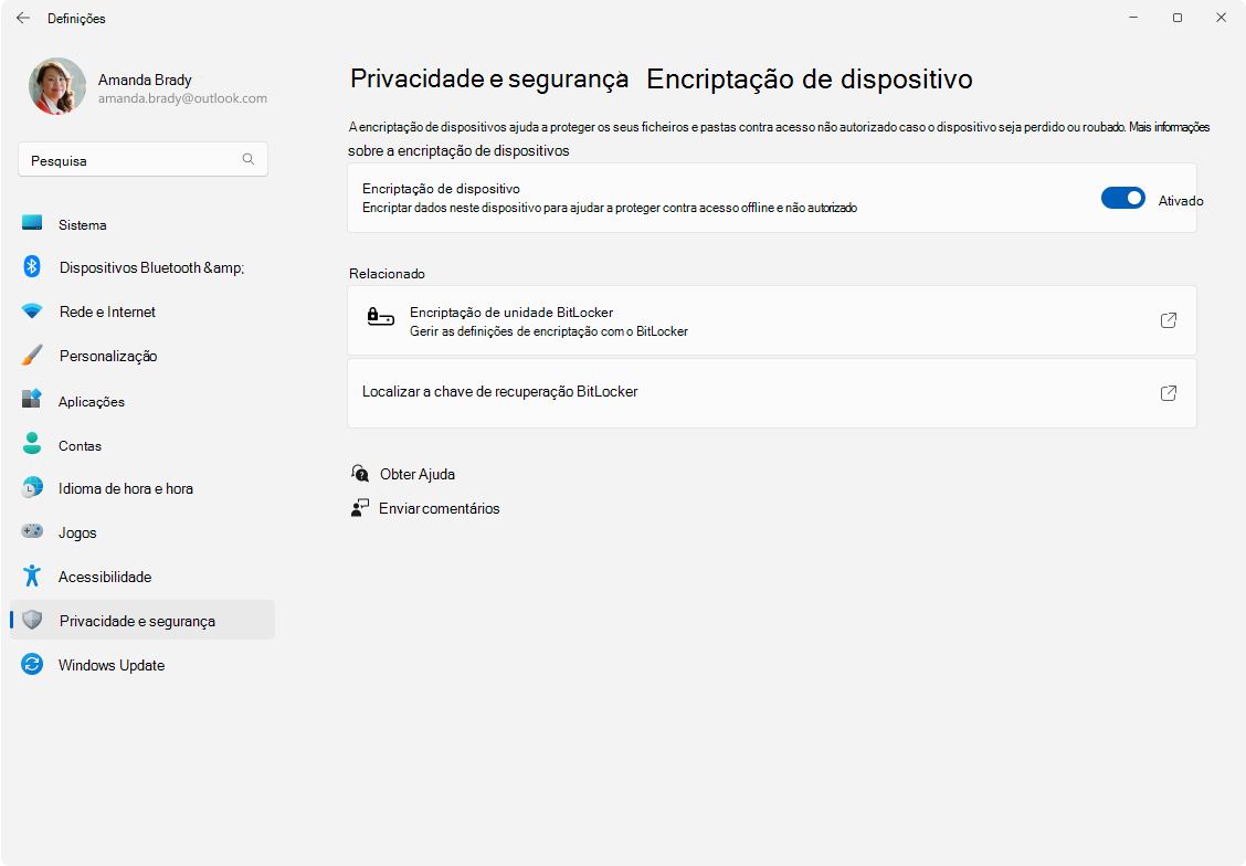 Captura de ecrã a mostrar Definições – encriptação de dispositivos.