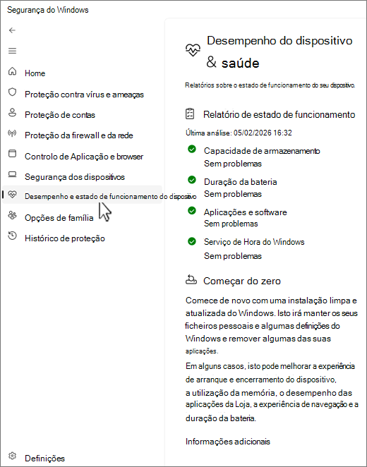 Captura de ecrã a mostrar o dispositivo e a página de desempenho da aplicação Segurança do Windows.