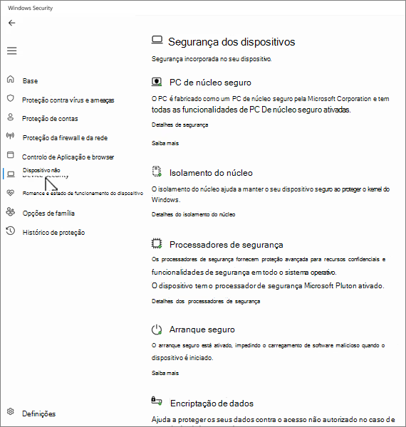Captura de ecrã do ecrã de segurança do dispositivo na aplicação Segurança do Windows.