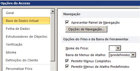 Definições para as opções de navegação