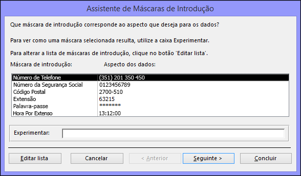 Assistente de Máscaras de Introdução na base de dados de ambiente de trabalho do Access