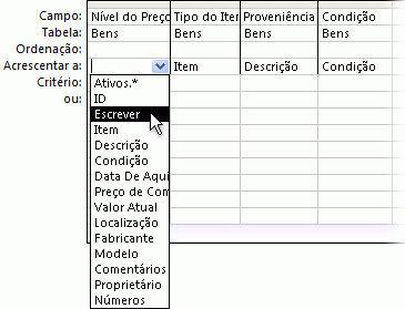 Lista pendente na linha Acrescentar A