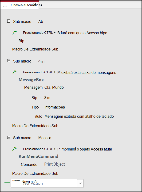 Três submacros numa macro do Access denominadas AutoKeys