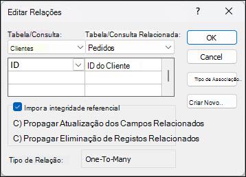 Caixa de diálogo Editar Relações no Access com os campos de associação Clientes e Encomendas