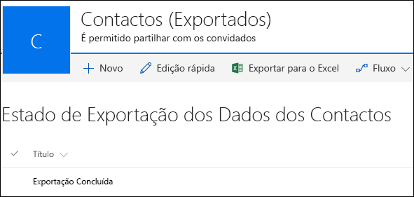 Lista do SharePoint com um registo com o título Exportação Concluída