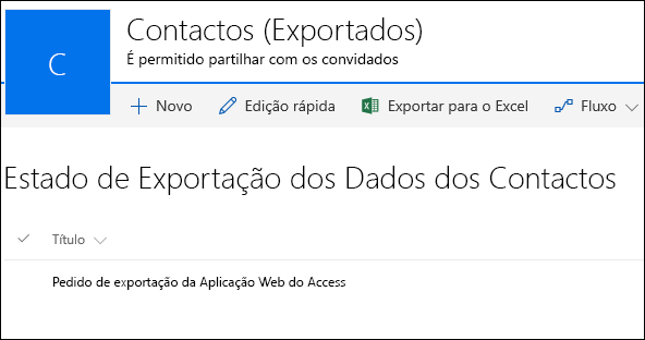 Lista do SharePoint com um registo com o título Pedido de exportação da Aplicação Web do Access