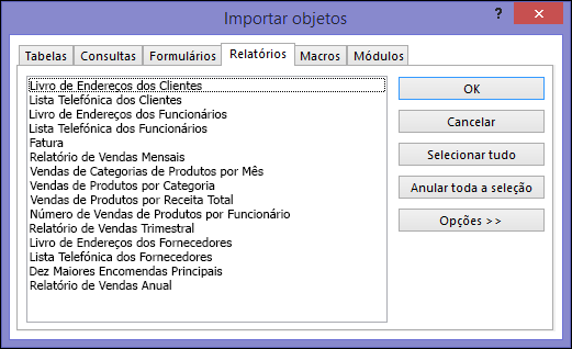 Caixa de diálogo Importar Objetos numa base de dados do Access