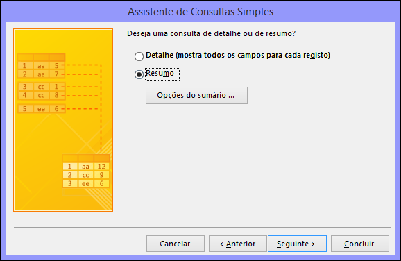 Selecione Detalhe ou Resumo na caixa de diálogo Assistente de Consultas Simples