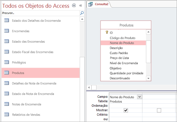 Captura de ecrã da vista Todos os Objetos do Access