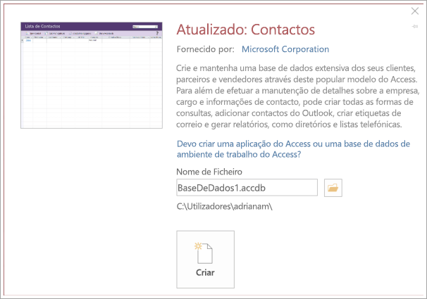 Captura de ecrã da interface da lista de Contactos