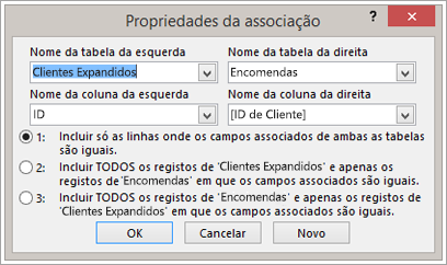 Captura de ecrã das Propriedades da Associação a realçar o nome da tabela à esquerda