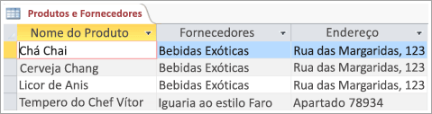 Fragmento de ecrã dos dados de Produtos e Fornecedores