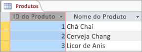 Fragmento de ecrã da tabela Produtos