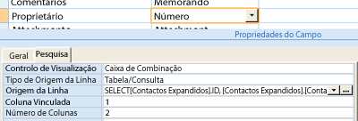 Captura de ecrã que mostra uma tabela ou consulta como a origem de dados para um campo de pesquisa.