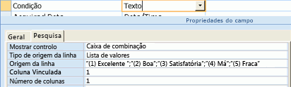 Captura de ecrã que mostra a lista de valores como a origem de dados para um campo de pesquisa.
