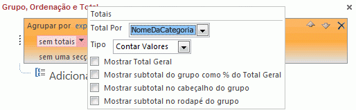 Janela de pop-up dos totais