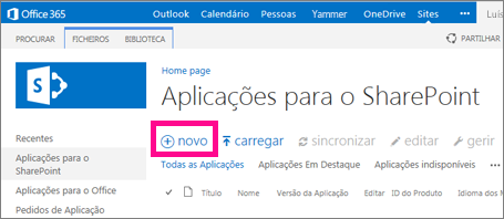 A ligação da nova aplicação na biblioteca Aplicações para o SharePoint no Catálogo de Aplicações