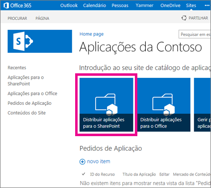 O mosaico Distribuir Aplicações para o SharePoint num site do Catálogo de Aplicações